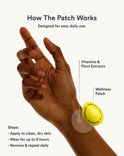 Hand applying a wellness patch with text explaining its use